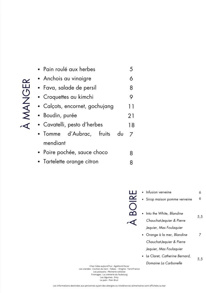 Carte du soir du samedi 15 février