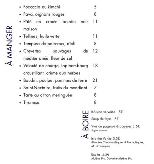 Carte du soir du vendredi 14 mars